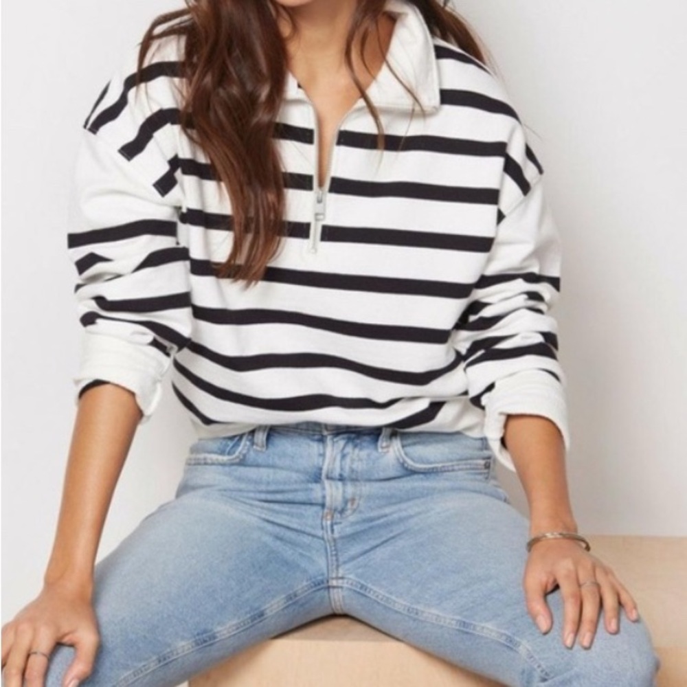 Striped Green and White Women's Quarter Zip Sweatshirt